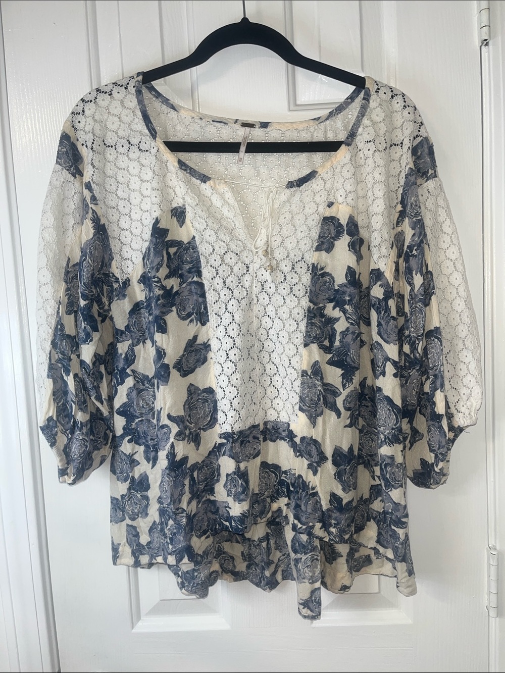 Free People Cream Tunic with Blue Floral Print and Lace Insets